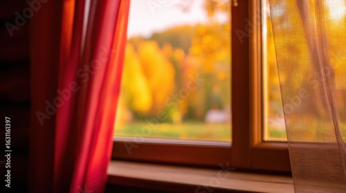 Autumn Scenery Through Window with Red Curtains  Warm Light and Blurry Fall Foliage