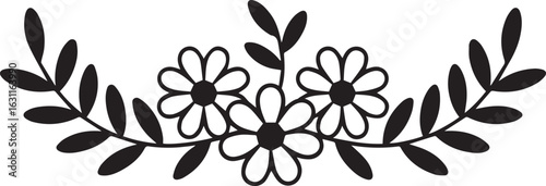 Black floral branch with daisy blossoms and leaves vector