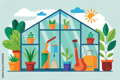 Greenhouse with Gardening Tools and Sun