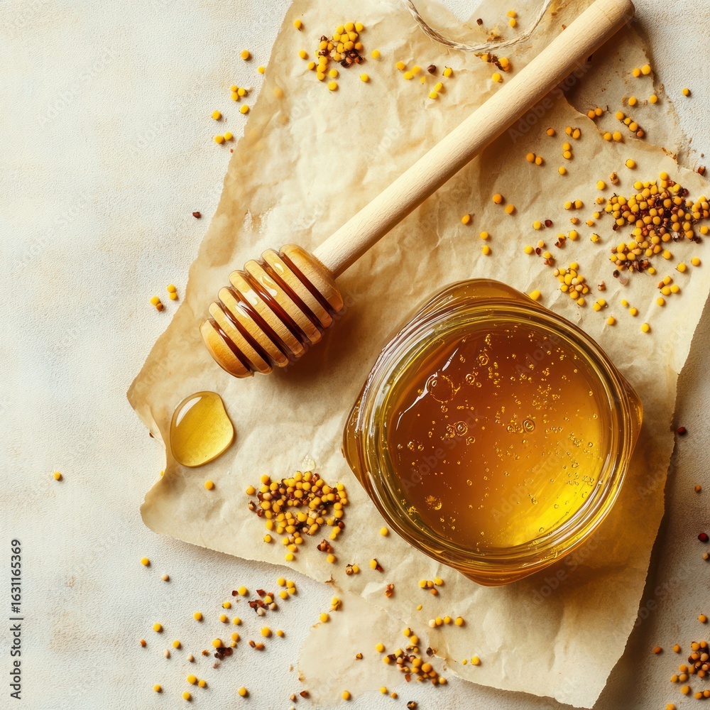 Fototapeta premium Honey in a jar, with honey dipper and mustard seeds, on parchment paper