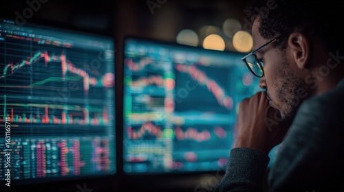 Focused Trader Analyzing Stock Market Data on Multiple Screens  Concentrating on Investment Strategy and Financial Charts