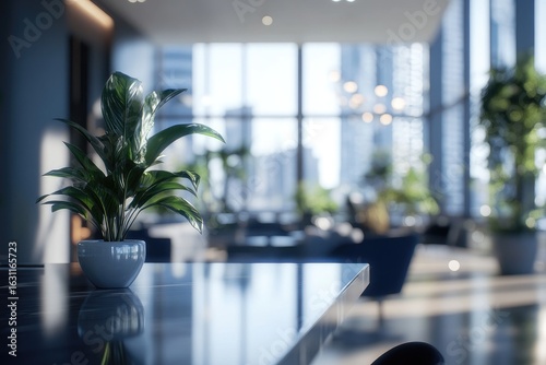 Modern office plant on polished surface  city view