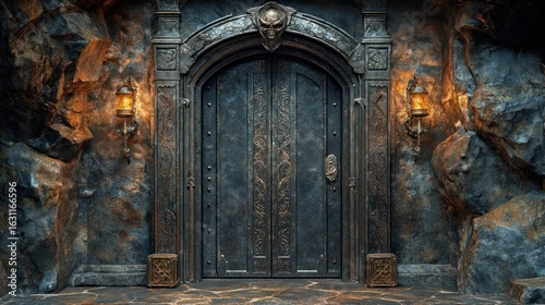 Ornate Metal Doorway in a Rocky Cave Entrance