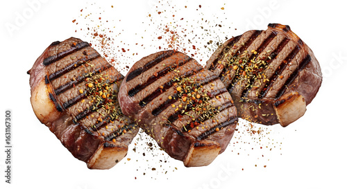 Savor the succulence of perfectly grilled steaks, seasoned with vibrant spices, a mouthwatering culinary delight ready for any feast.