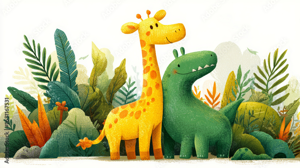 Naklejka premium Cute cartoon giraffe and dinosaur standing together in colorful jungle with green and orange leaves, playful and friendly animal illustration