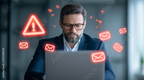 A man in glasses looks worried while working on a laptop, surrounded by glowing email alert icons symbolizing urgent or overwhelming messages.
