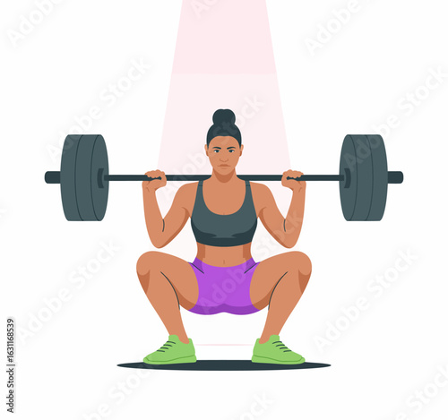 A dedicated female weightlifter is performing a squat with determination, illustrating strength, focus, and the spirit of fitness in an empowering way.
