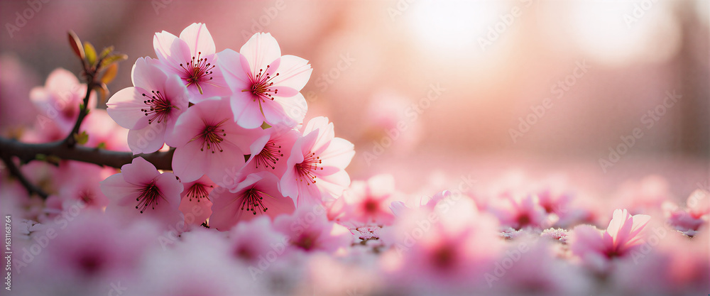 Obraz premium Closeup of a blooming cherry blossom tree with soft pastel pink flowers scattered on the ground, emphasizing delicate petal textures. Seasonal lighting in early morning with dappled sunlight filtering