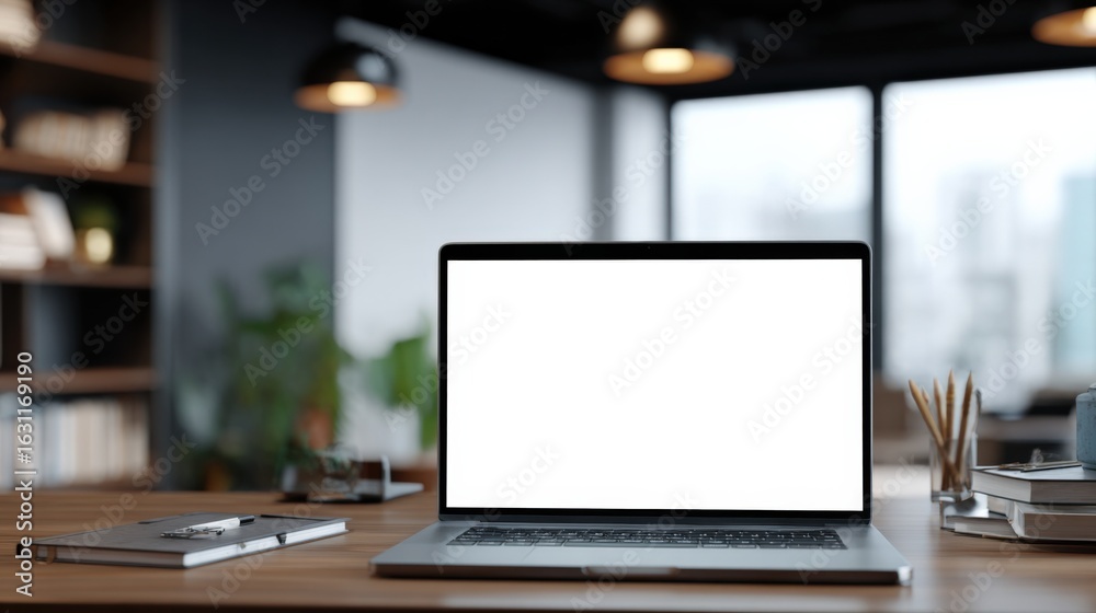 Fototapeta premium Modern Workspace Mockup Featuring Laptop with Blank White Screen on Wooden Desk