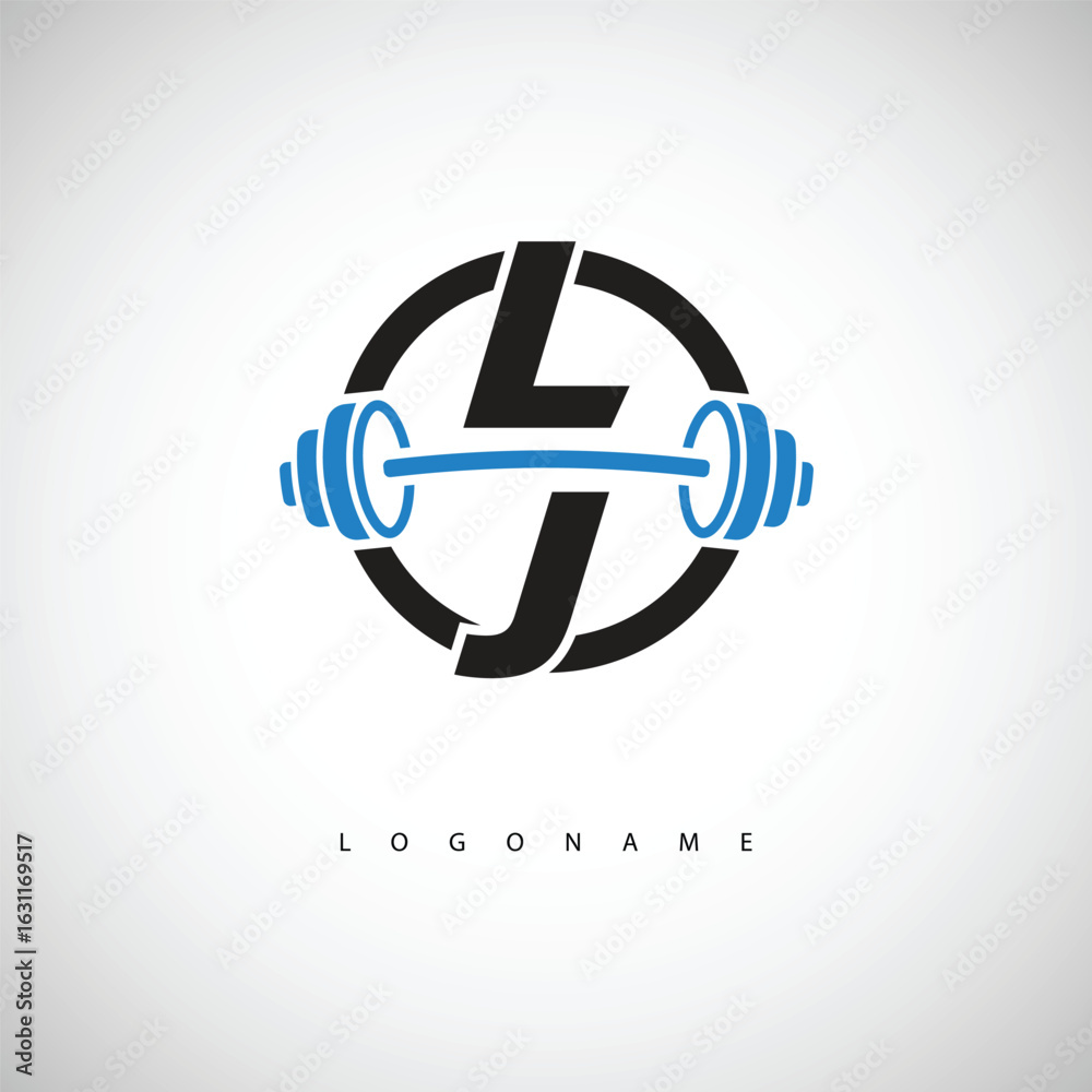 Obraz premium LJ Fitness Logo with Icon Creative Minimal Barbell symbol for Gym Branding. Active Lifestyle Identity Design