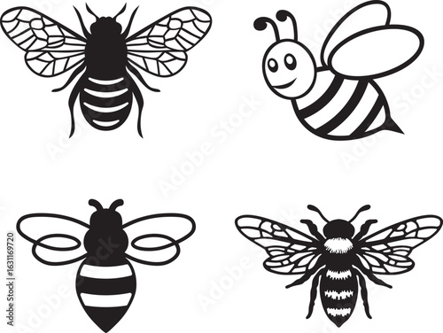 A set of four black bee icons including cute cartoon and realistic styles. Perfect for nature, insect, agriculture, honey, and logo design projects.
