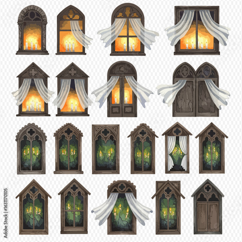 A collection of illustrated gothic fantasy windows with views of cozy candlelit rooms and magical green forests.