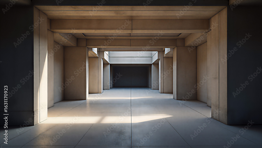 Fototapeta premium Geometric patterns of concrete walls and structural steel beams, centered symmetry composition, bold shadows adding depth. Photorealistic style, complementary color harmony, rough texture quality, dra