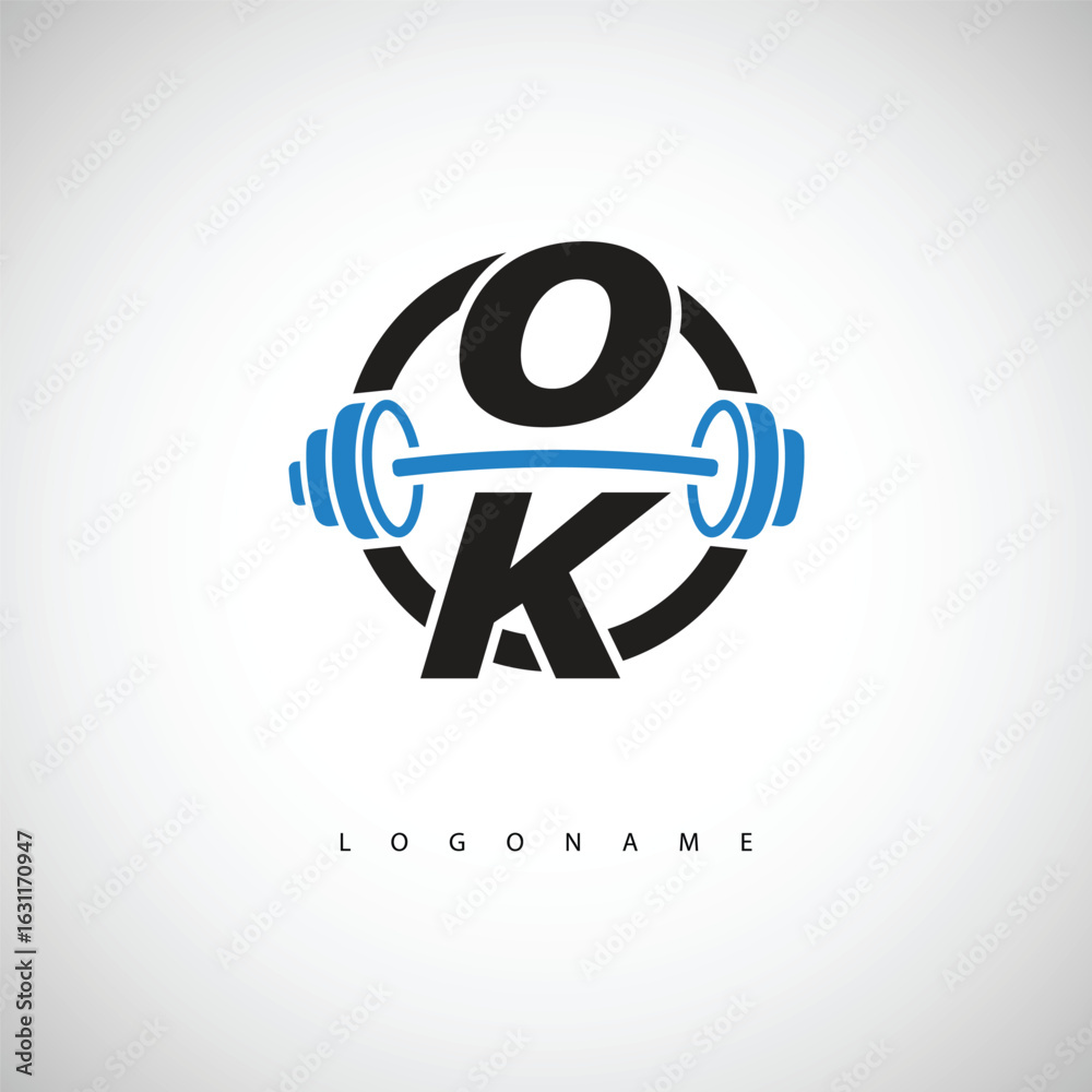 Obraz premium OK Fitness Logo with Icon Creative Minimal Barbell symbol for Gym Branding. Active Lifestyle Identity Design