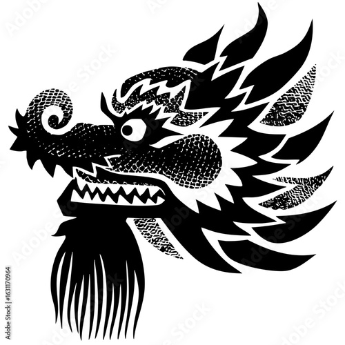 Vector Detailed black dragon head with sharp teeth and ornate details.