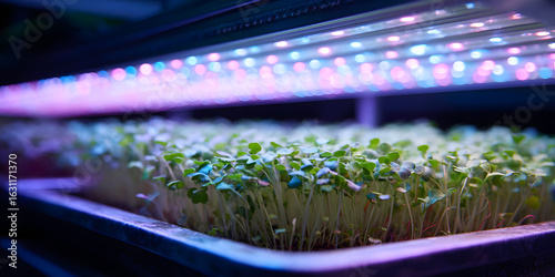 Vibrant LED Grow Lights Illuminating Microgreens in a Hydroponic Tray Under Soft Colorful Glow