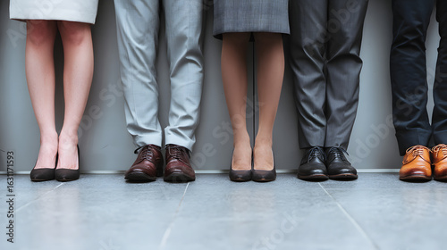 Professional Business Attire of Diverse Individuals Standing in a Row Featuring Stylish Footwear and Legs