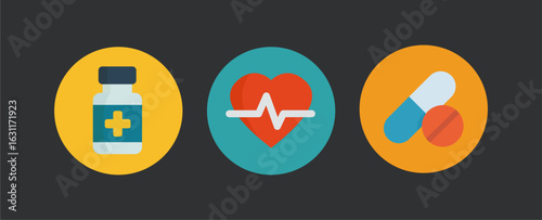 Medical Icons Set – Pills, Heartbeat, and Medicine Bottle in Flat Style