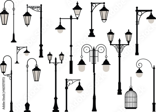 Collection of vintage street lights, retro lamp posts, classic lanterns, old-fashioned urban lighting, black silhouette flat vector illustration
