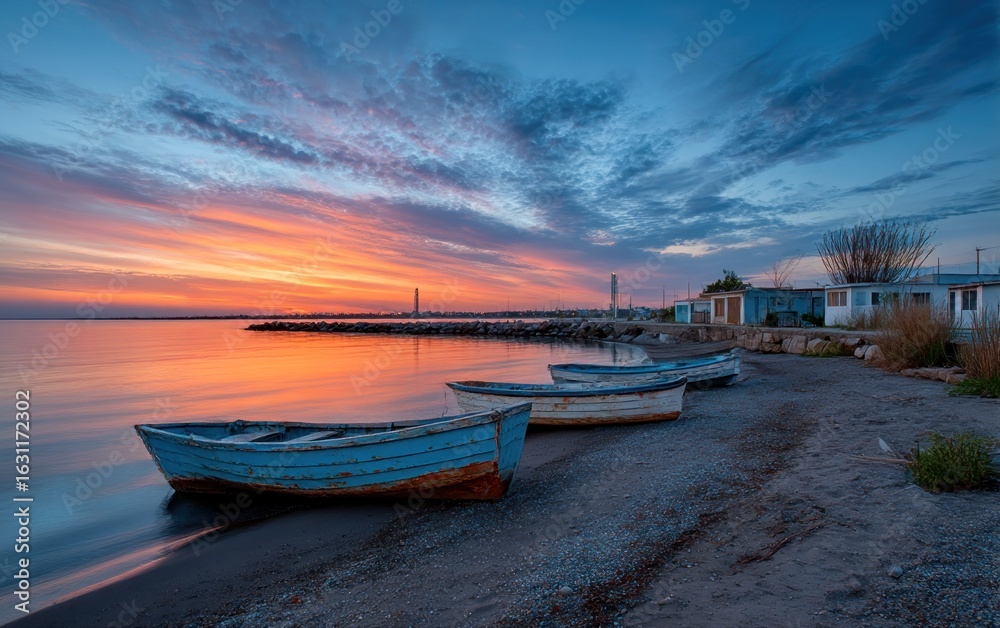 Fototapeta premium Peaceful sunrise over a beach with boats