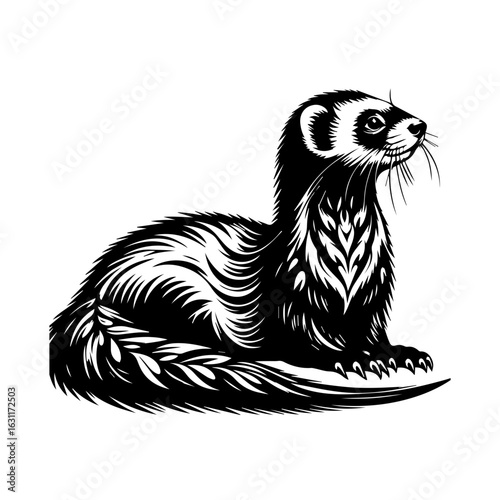 Blackfooted ferret isolated on white background, a captivating vintage drawing
