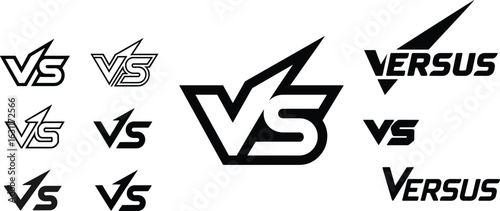 Collection of VS versus logos, battle match icons, modern bold letter designs, competitive symbol graphics, flat vector illustration in black