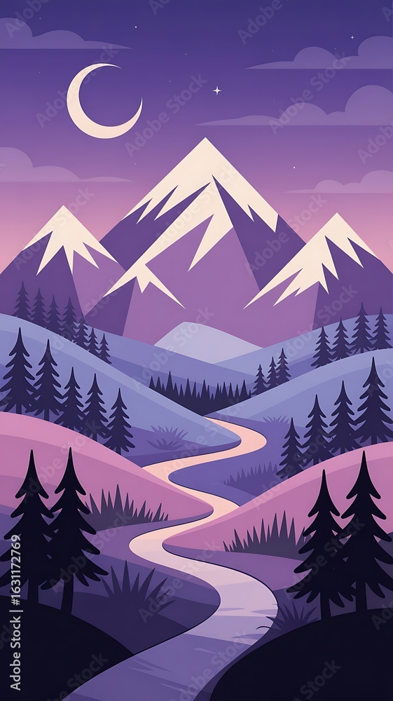 Fototapeta premium Serene mountain landscape under a crescent moon