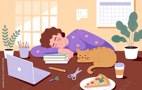 This endearing illustration captures a worn-out student asleep at their study desk, showcasing the beautiful chaos of student life mixed with the comfort of a cozy feline companion.