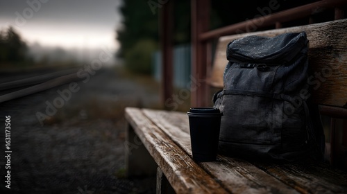 A coffee and backpack setup on a rural train station bench  long title A coffee and backpack left unattended on a weathered wooden bench at a