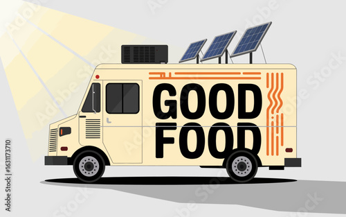A vibrant food truck featuring solar panels prominently displays 'GOOD FOOD' as it represents sustainability, dining, and the modern food culture in an appealing illustrated style.