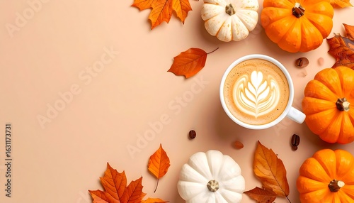 Autumn latte with pumpkins and leaves