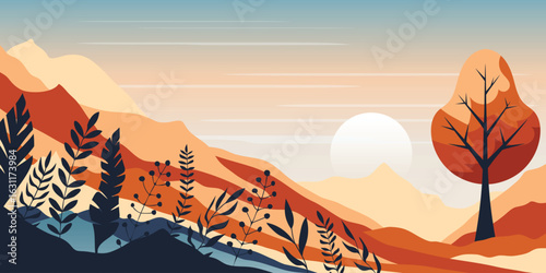 Autumn stylized landscape, minimalistic landscape, mountain sunrise and sun, vector illustration, panoramic view