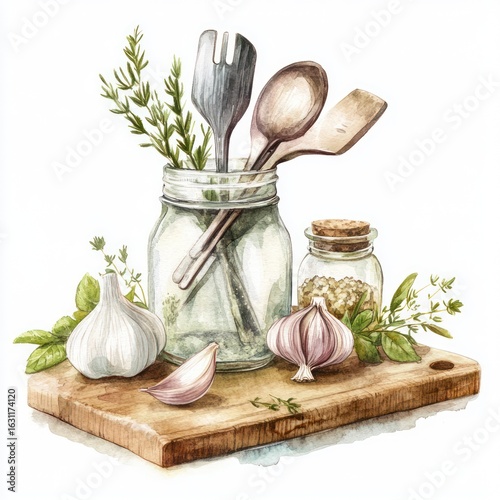 Wallpaper Mural Watercolor illustration of kitchen utensils and herbs Torontodigital.ca