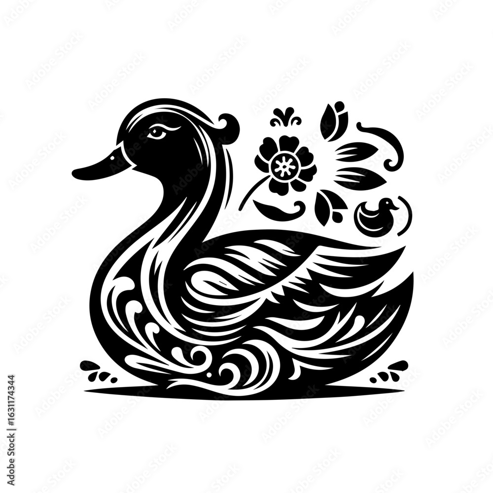 Fototapeta premium Stylized duck with floral ornaments isolated on white background in black and white