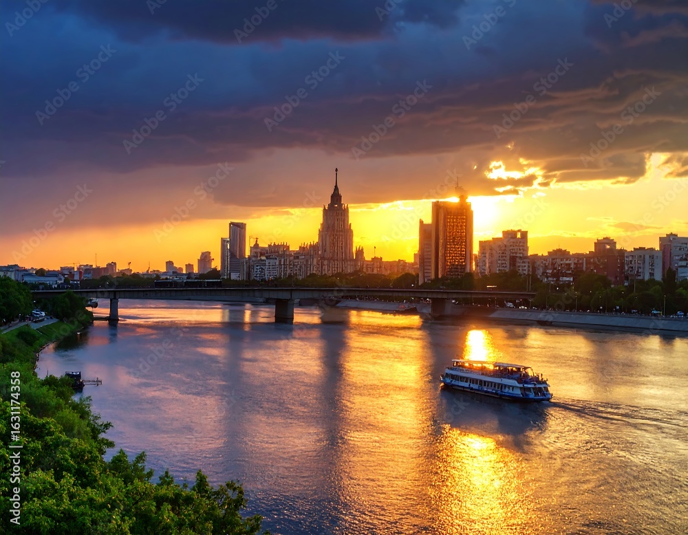 Fototapeta premium City skyline sunset over river