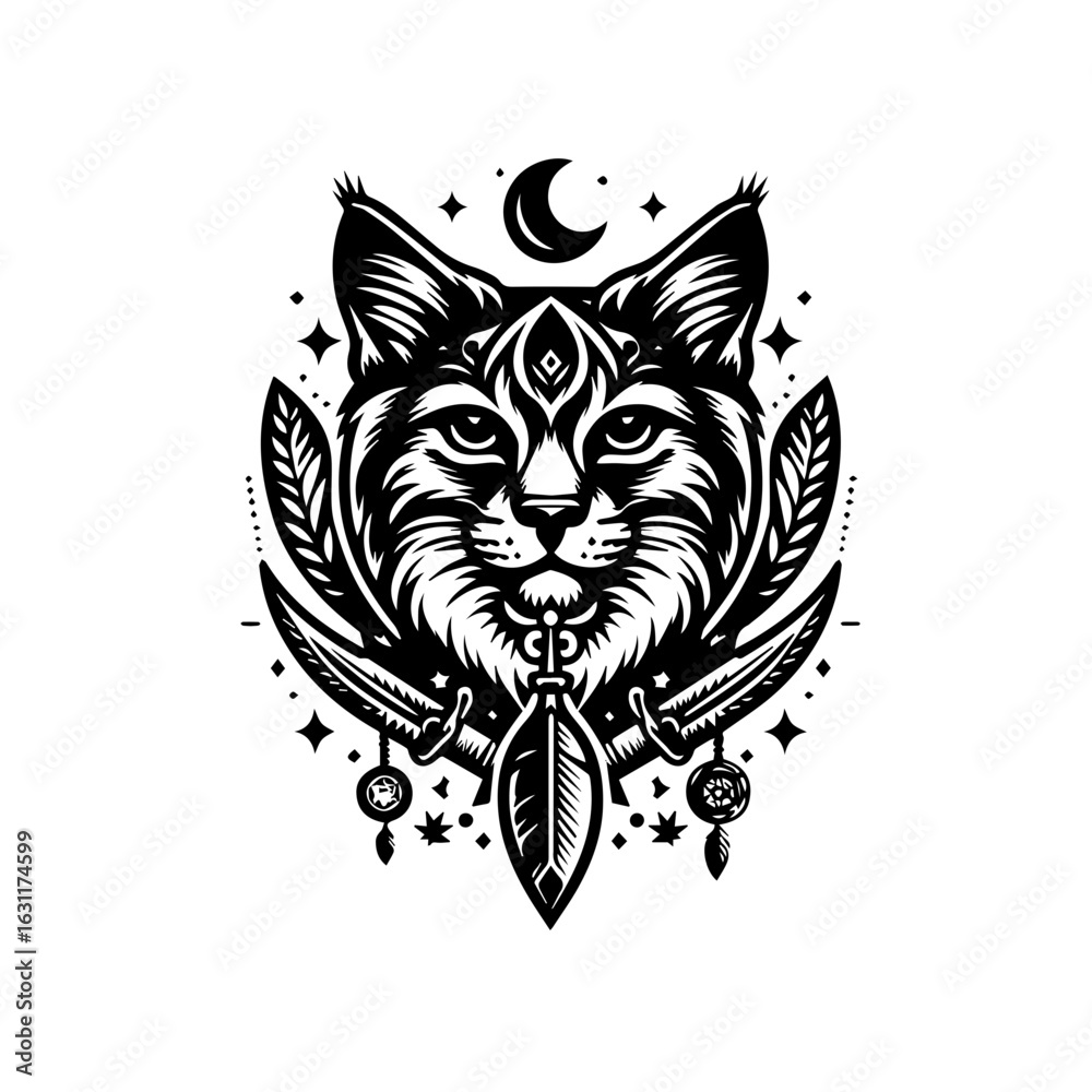 Fototapeta premium Mystical cat head with feathers and moon isolated on white background