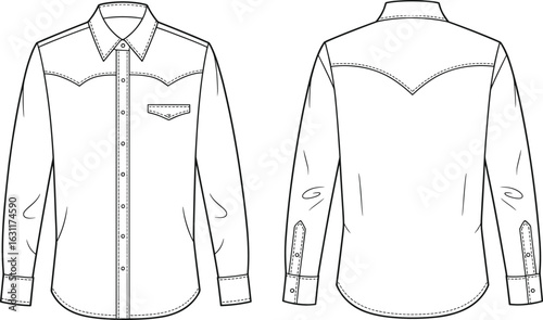 Front and back view of long-sleeve shirt, technical drawing, pointed collar, button-up front, chest pocket, stitching details, fashion sketch, garment design, apparel template.