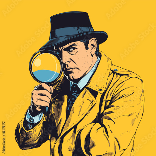 Detect or discover fact, information or analysis, curiosity, research or search in details, exploration or finding solution concept, businessman detective looking through magnifyin