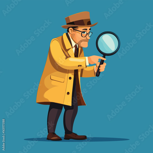 Detect or discover fact, information or analysis, curiosity, research or search in details, exploration or finding solution concept, businessman detective looking through magnifyin