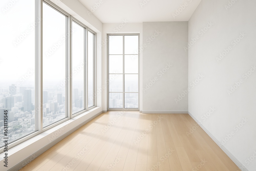 Obraz premium Bright empty modern room with large floor-to-ceiling windows overlooking cityscape in minimalist architectural interior design concept.