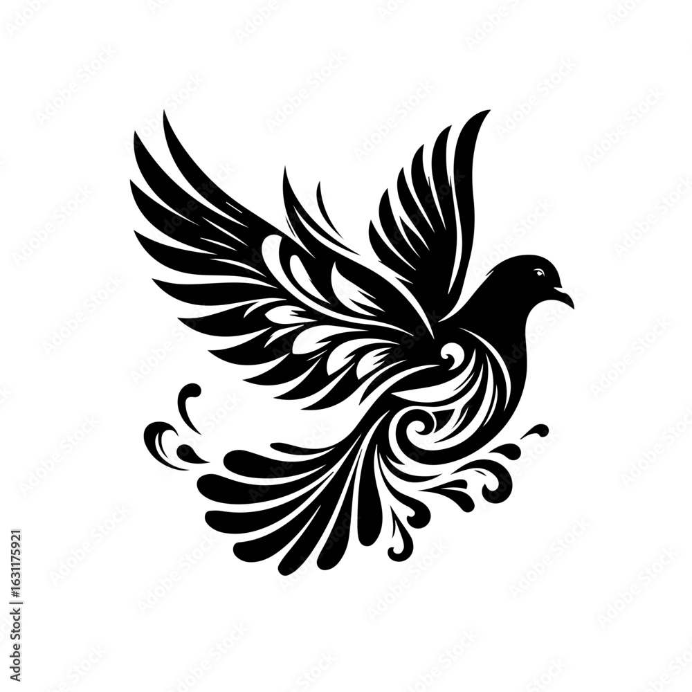 Obraz premium Elegant dove in flight with decorative swirls isolated on white background