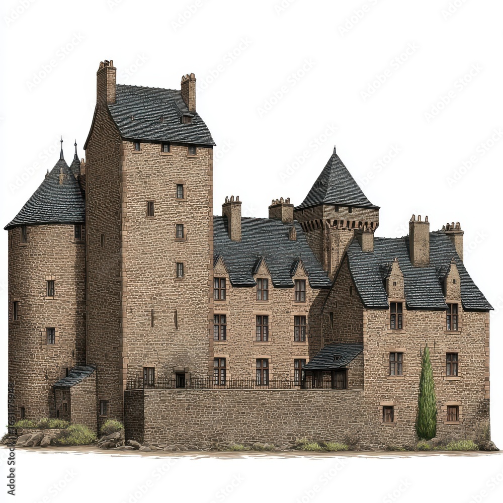 Naklejka premium Detailed Stone Castle Illustration Medieval Architecture in Grey and Brown Tones