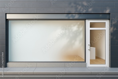 Blank storefront with large frosted display window and glass door in modern building exterior with clean minimalist design and neutral tones.