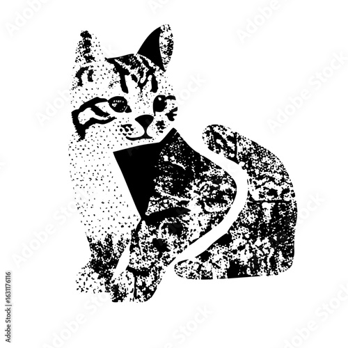 Vector Playful feline stretches with raised paw in .