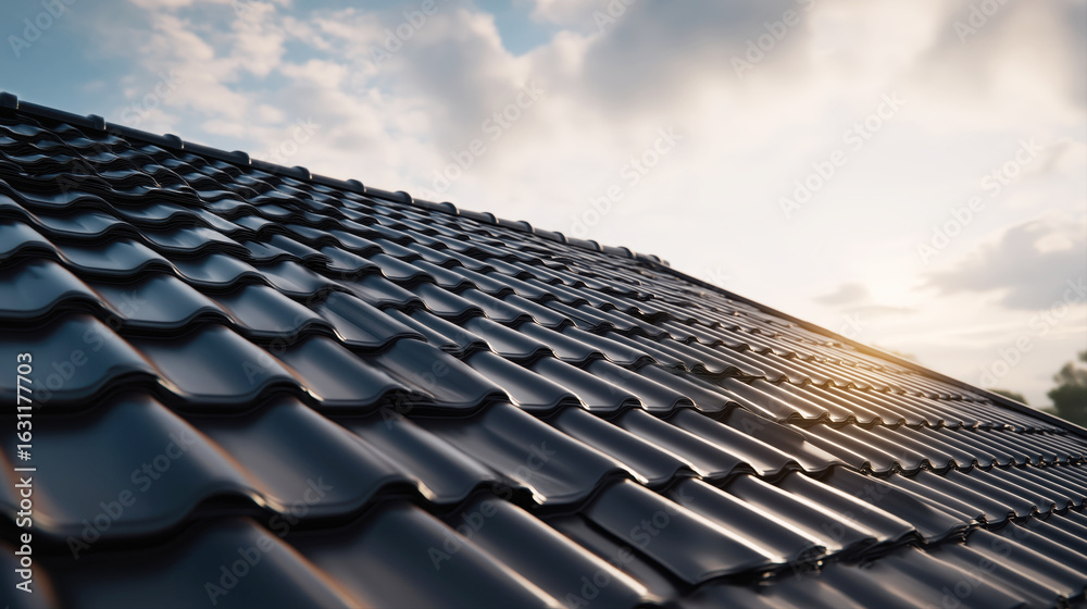Fototapeta premium roof of house is covered with modern metal black tiles on the background of the sky close-up