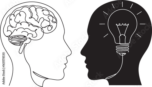 Two profiles facing each other, one with a brain, one with a lightbulb