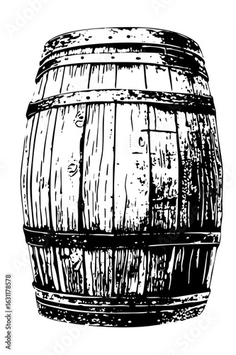 Vector Detailed wooden barrel with textured staves and metal bands.