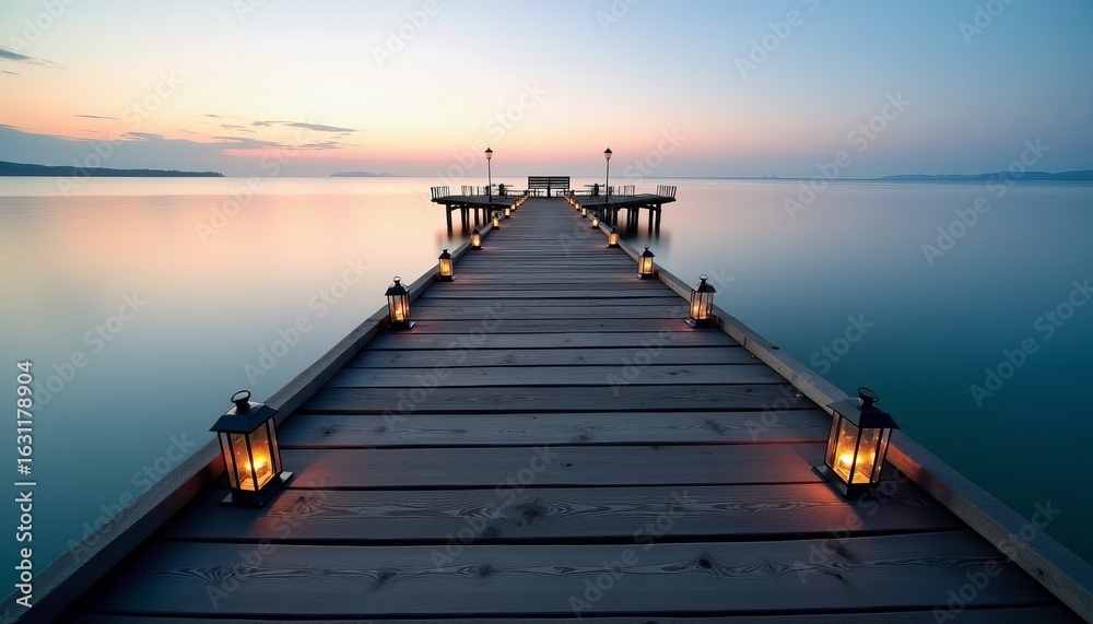 Obraz premium Beautiful Dawn Seascape Aged Wooden Pier Stretching to the Horizon Soft Pastel Sky and Calm Water Reflections