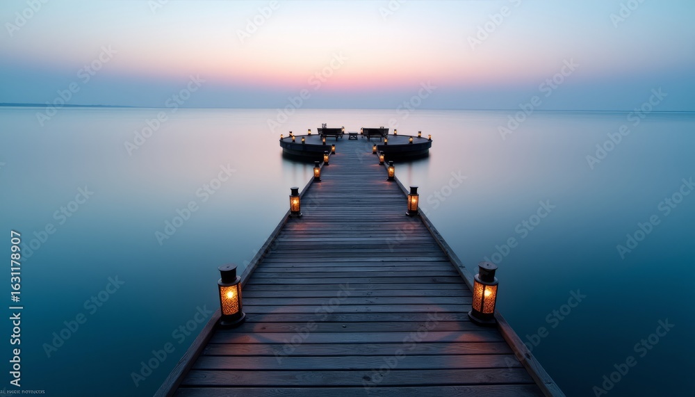 Naklejka premium Beautiful Dawn Seascape Aged Wooden Pier Stretching to the Horizon Soft Pastel Sky and Calm Water Reflections