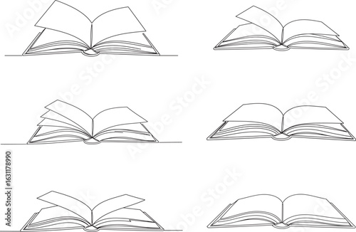 Collection of open books in a line drawing style, isolated on white background